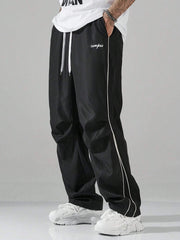 Men's Casual Letter Pattern Contrast Piping Drawstring Waist Trousers