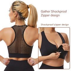 Front Zipper Yoga Sports Underwear Hollow Mesh Breathable Large Size Non-rimless Sports Bra Beautiful Back Women Underwear Top
